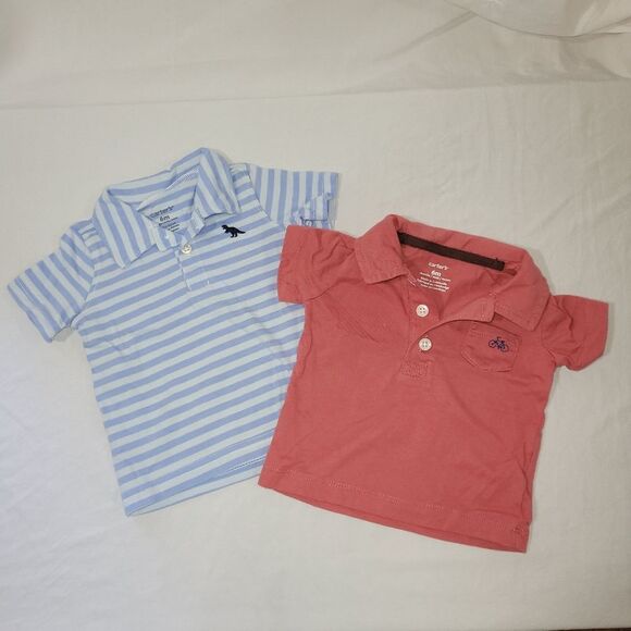 🚨5 For $15🚨 Carters Size 6 Months Striped Blue Dinosaur & Red Bike Polo Shirts - Picture 1 of 3